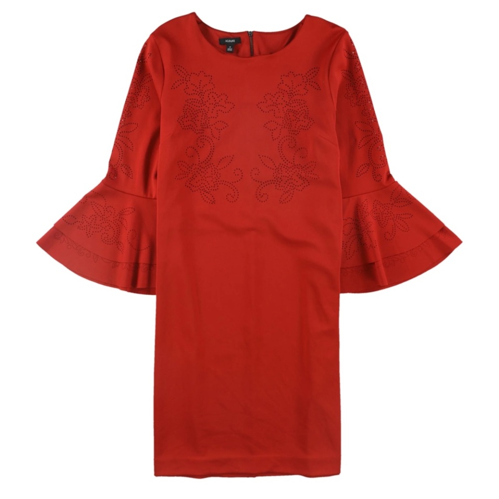 ALFANI Red Laser Cut Bell Sleeve Dress 14P NWT - Picture 2 of 13